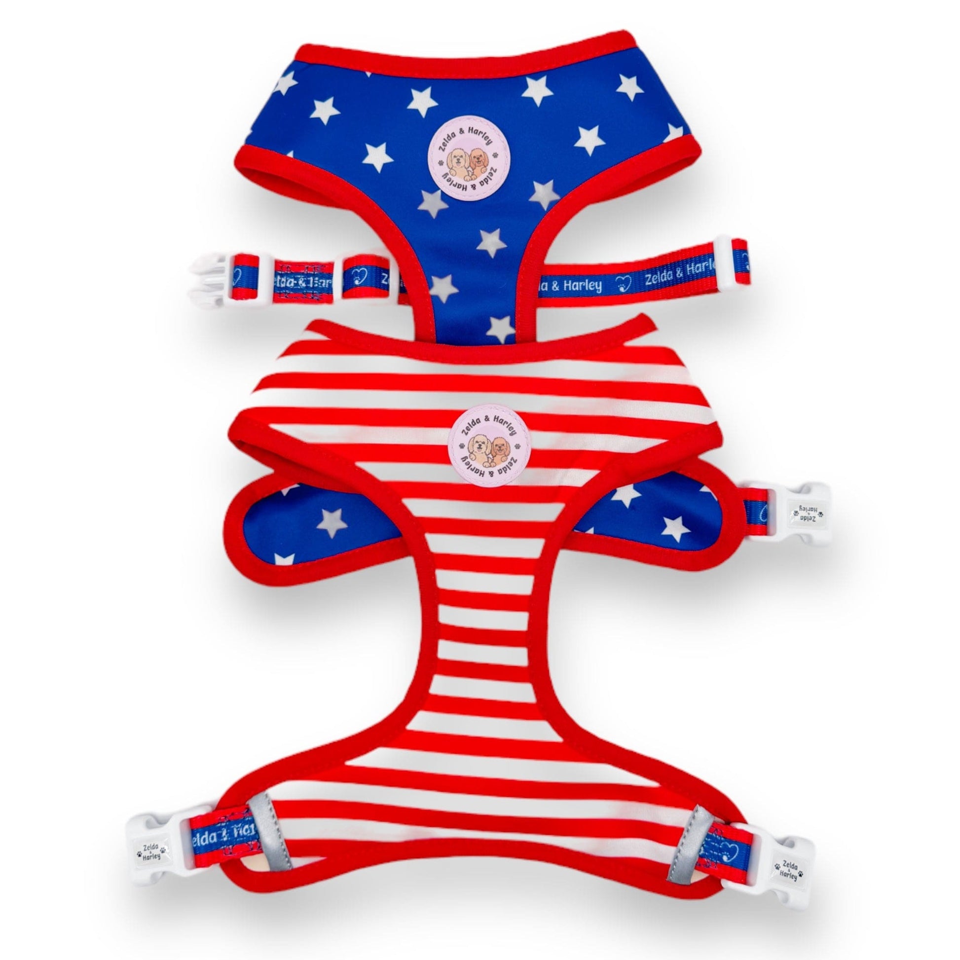 Zelda & Harley Reversible Harness Stars & Stripes - Reversible Dog Harness